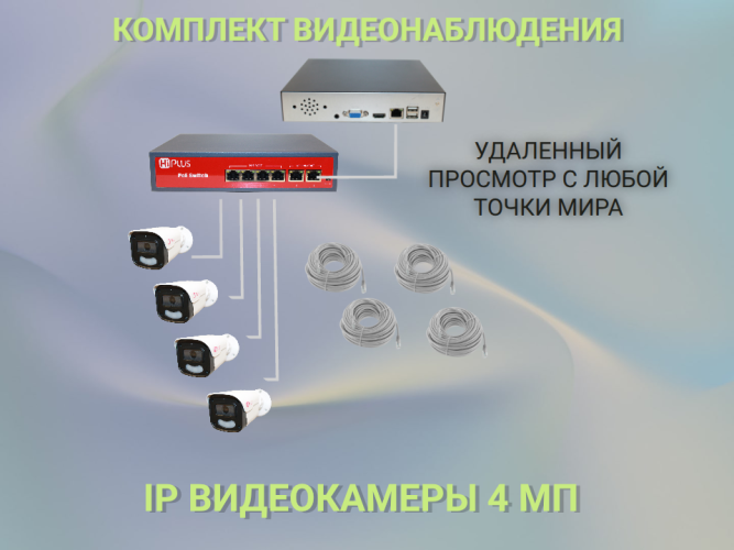 NVR-66BIP3HKIT-POE, 4 камеры, 10м RG45, POE Коммутатор 4 канала, Регистратор 10 каналов.